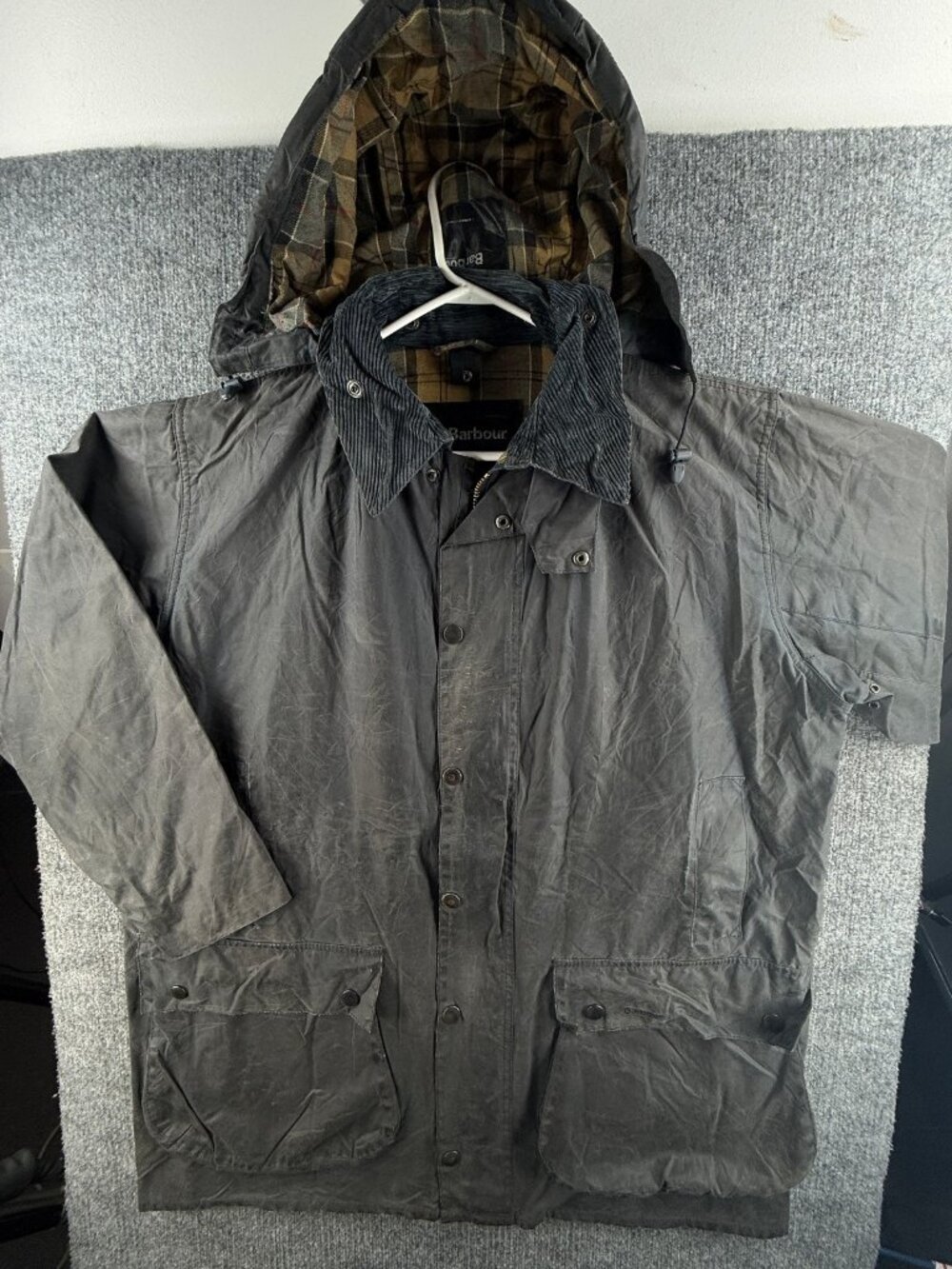 Barbour Mediumweight 6oz Border Waxed Jacket Hooded Canvas Blue Men C46 Tartan